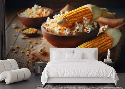 A rustic food still life, yellow corn ears draping a woven bowl, popcorn spilled on a weathered wooden table, corn kernels scattered, dimly lit with warm tones, homey textures Wall mural