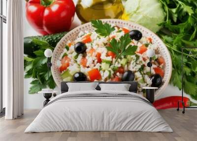 Fresh Vegetable Rice Salad with Bell Pepper Tomato Green Peas Black Olives and Olive Oil on White Table from Above Wall mural