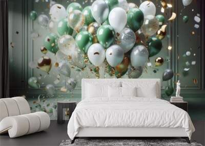 green balloons floating upwards, silver metallic ribbons swirling, minimal white background, celebration party atmosphere, 3D render Wall mural