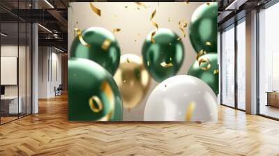 green balloons floating upwards, silver metallic ribbons swirling, minimal white background, celebration party atmosphere, 3D render Wall mural