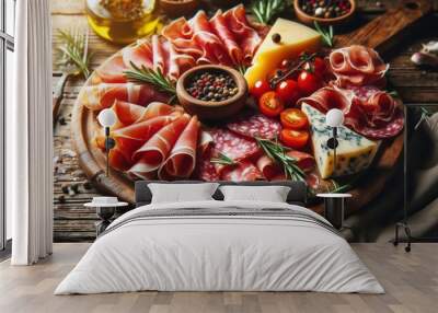 traditional italian antipasto platter, assorted cured meats like prosciutto and salami, cherry tomatoes, fresh rosemary and parmesan cheese chunks on rustic wooden surface, low angle close-up view, wa Wall mural