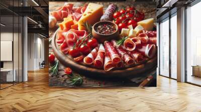 traditional italian antipasto platter, assorted cured meats like prosciutto and salami, cherry tomatoes, fresh rosemary and parmesan cheese chunks on rustic wooden surface, low angle close-up view, wa Wall mural