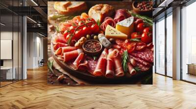 traditional italian antipasto platter, assorted cured meats like prosciutto and salami, cherry tomatoes, fresh rosemary and parmesan cheese chunks on rustic wooden surface, low angle close-up view, wa Wall mural