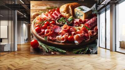 traditional italian antipasto platter, assorted cured meats like prosciutto and salami, cherry tomatoes, fresh rosemary and parmesan cheese chunks on rustic wooden surface, low angle close-up view, wa Wall mural