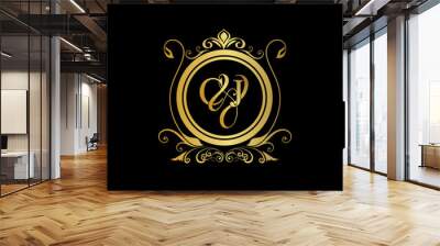 C & J / CJ logo initial vector mark. Initial letter C and J CJ logo luxury vector mark, gold color elegant classical symmetric curves decor. Wall mural