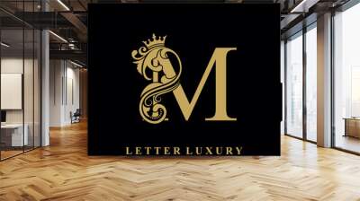 Initial letter M luxury beauty flourishes ornament with crown logo template. Wall mural