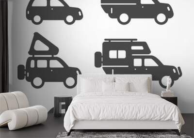 Set of camping car icons. Travel car symbols in silhouette style. Camping cars vector stock illustration. Car, SUV and pickup with camping equipment. Wall mural