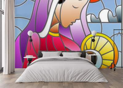 Illustration in stained glass style on biblical theme, Jesus baby with Mary , abstract figures on sky background with clouds, rectangular image Wall mural