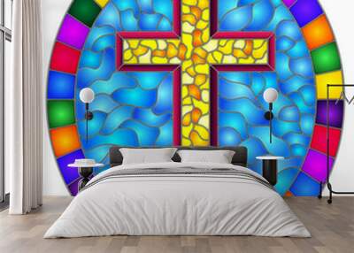 Illustration in stained glass style with a yellow cross on an abstract blue background, oval picture frame in bright Wall mural