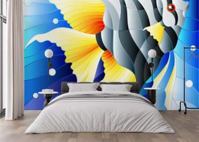 Illustration in stained glass style with bright scalar fish on the background of water and air bubbles Wall mural