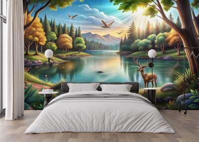 Scenic nature landscape featuring a deer by a tranquil lake surrounded by lush trees and mountains Wall mural