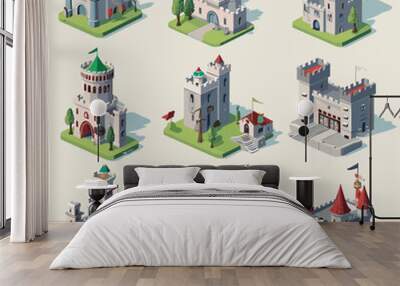 castle set isometric vector flat minimalistic isolated illustration Wall mural