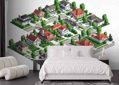 Isometric Suburban Neighborhood with Houses isolated Wall mural