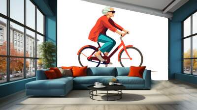 old woman riding bycicle vector flat isolated illustration Wall mural