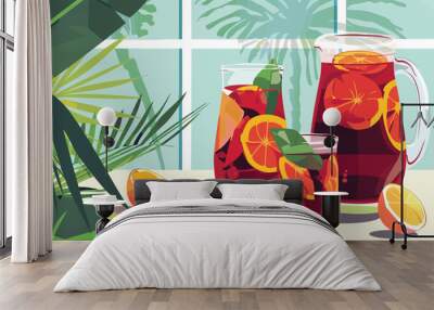 Refreshing Sangria on a terrace isolated vector style Wall mural