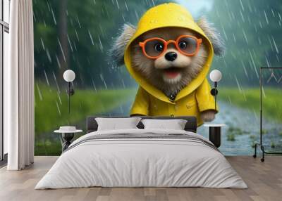 3d animated character, quirky fuzzy dog wearing a big hat, goofy goggles and yellow raincoat with red boots in the rain Wall mural