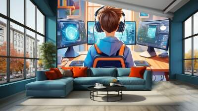 Animation 16 year old young boy tplaying games in computer and have gaming chair and 3 big moniter and in moniter screen play games and best details animation and boy give sing to come Wall mural