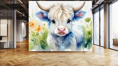 cute baby highland cow watercolor illustration Wall mural