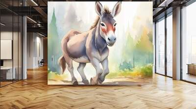 cute donkey cartoon walking in watercolor painting style Wall mural