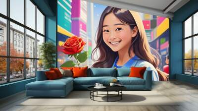 pop art style of a teenage asian girl smiling widely, long hair, holding a rose Wall mural