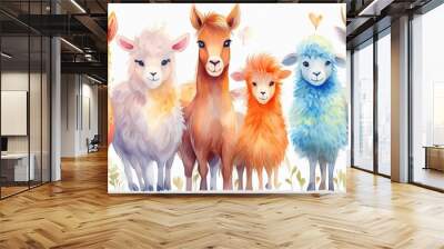 Set of watercolor cartoon farm animals - fluffy alpaca, goat, horse, ram, sheep and cow isolated on white background. cartoons. Illustrations Wall mural