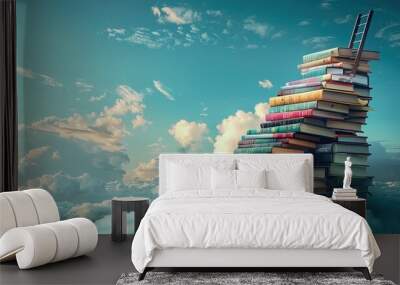 Abstract book stack with ladder on sky with clouds background. Ladder going on top of huge stack of books Wall mural