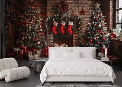 Christmas backdrop for photo studio, christmas tree, presents and toys Wall mural