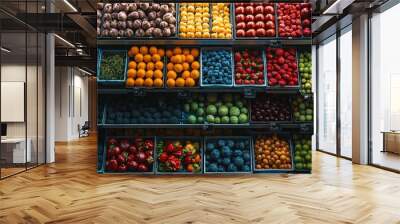 Colorful and organized display of fruits and vegetables in a grocery store Wall mural