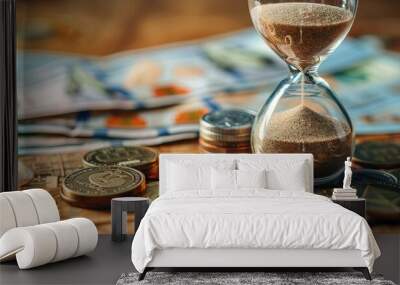 Deadline and time is money concept with hourglass and British coin currency Wall mural