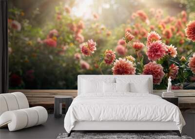 Empty wooden table for product display with dahlia garden background  Wall mural