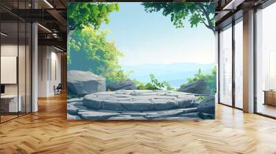 Flat small stone podium on rock platform illustration, gray rock pedestal for product display, green forest and blue horizon on the background Wall mural