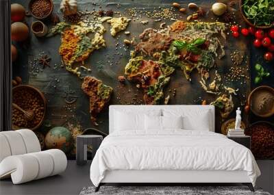 Food from many countries, parts of the world, representing diverse cuisines and cultures. Map world food  Wall mural