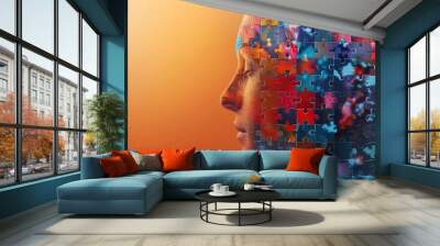 Human head profile and jigsaw puzzle, cognitive psychology or psychotherapy concept  Wall mural