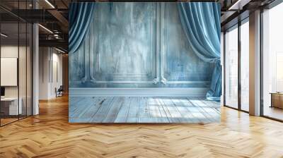 luxury blue curtain backdrop with wooden floor and wall background, white and lighten color Wall mural