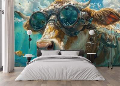 Scuba diving steampunk cow swimming in the ocean illustration Wall mural