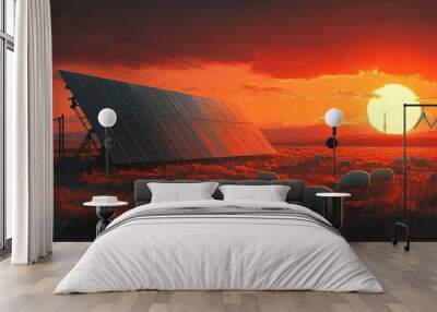 Sheep grazing next to the solar panel station in sunset Wall mural