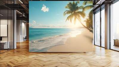 Tranquil beach with palm trees under bright sunlight  Wall mural