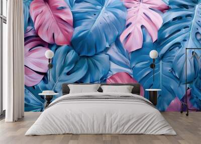 Tropical leaves, pastel pink and blue exotic nature background, summer holidays vibes Wall mural