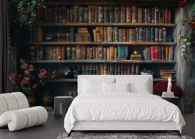 vintage studio photo backdrop with shelves full of books and candles  Wall mural