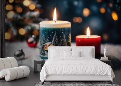 Winter christmas candle with snow and copy space Wall mural