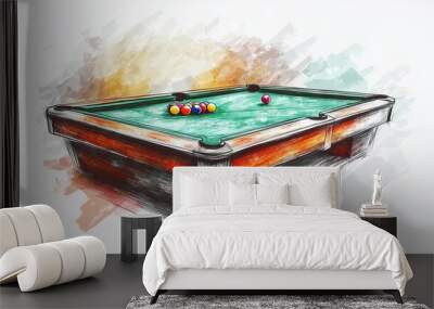 A clipart picture of a billiard table. The background is white in color. A crayon drawing represents the style or artwork. Wall mural