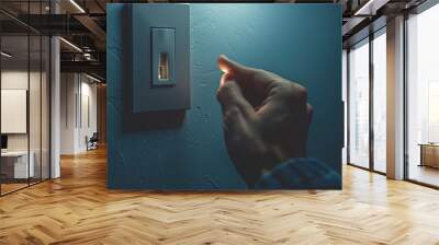 A close-up of a man's hand or fingers turning on and off a grey light switch next to a dark blue wall at home during the night. Electrical energy conservation, power, and safety. Wall mural