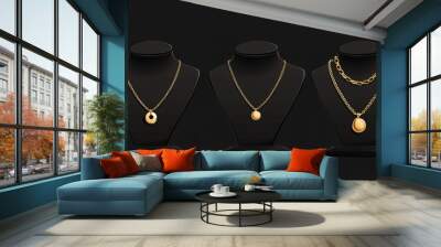 A collection of fashionable, simple necklaces, chains, and beads featuring gold pendants. Exhibited on black mannequin busts are jewelry pieces. Cartoon objects in vector format design. Wall mural