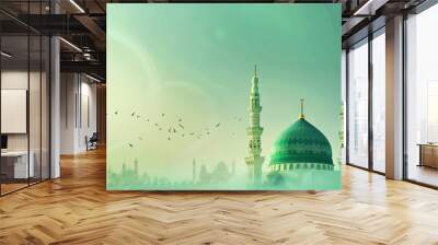 A Poster for a mosque with a green dome and a mosque in the background. Milad un Nabi banner and Islamic background with Mawlid al Nabi celebration poster Wall mural