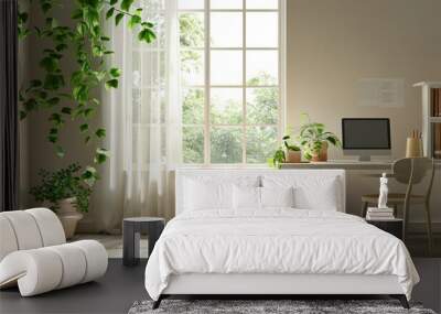 A vacant desk with a springtime window and a green plant Wall mural