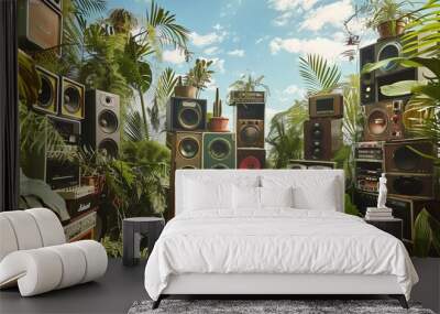 a vast sound system, speaker stacks, lush greenery, and a blue sky Wall mural