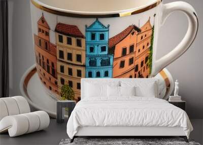 Design of a cup with an image of a mahalla/neighbourhood. You can draw symbolic cityscapes, elements of traditional architecture, or details characteristic of a given area. Wall mural