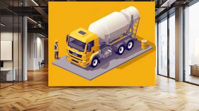 An isolated cartoon illustration vector of a concrete truck isometric yellow-white cement delivery worker working on a construction site. Wall mural