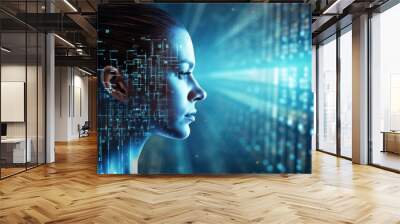 Artificial Intelligence Large Language Model (LLM). Female head with human face matrix digital numbers artificial intelligence artificial intelligence theme. Wall mural