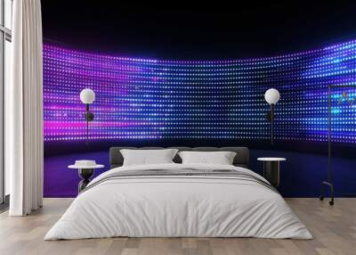 Authentic concave LED display for a wall or platform. Large TV display depicted in a vector illustration with neon blue and purple dot lights. Stadium digital scoreboard with diode lights Wall mural